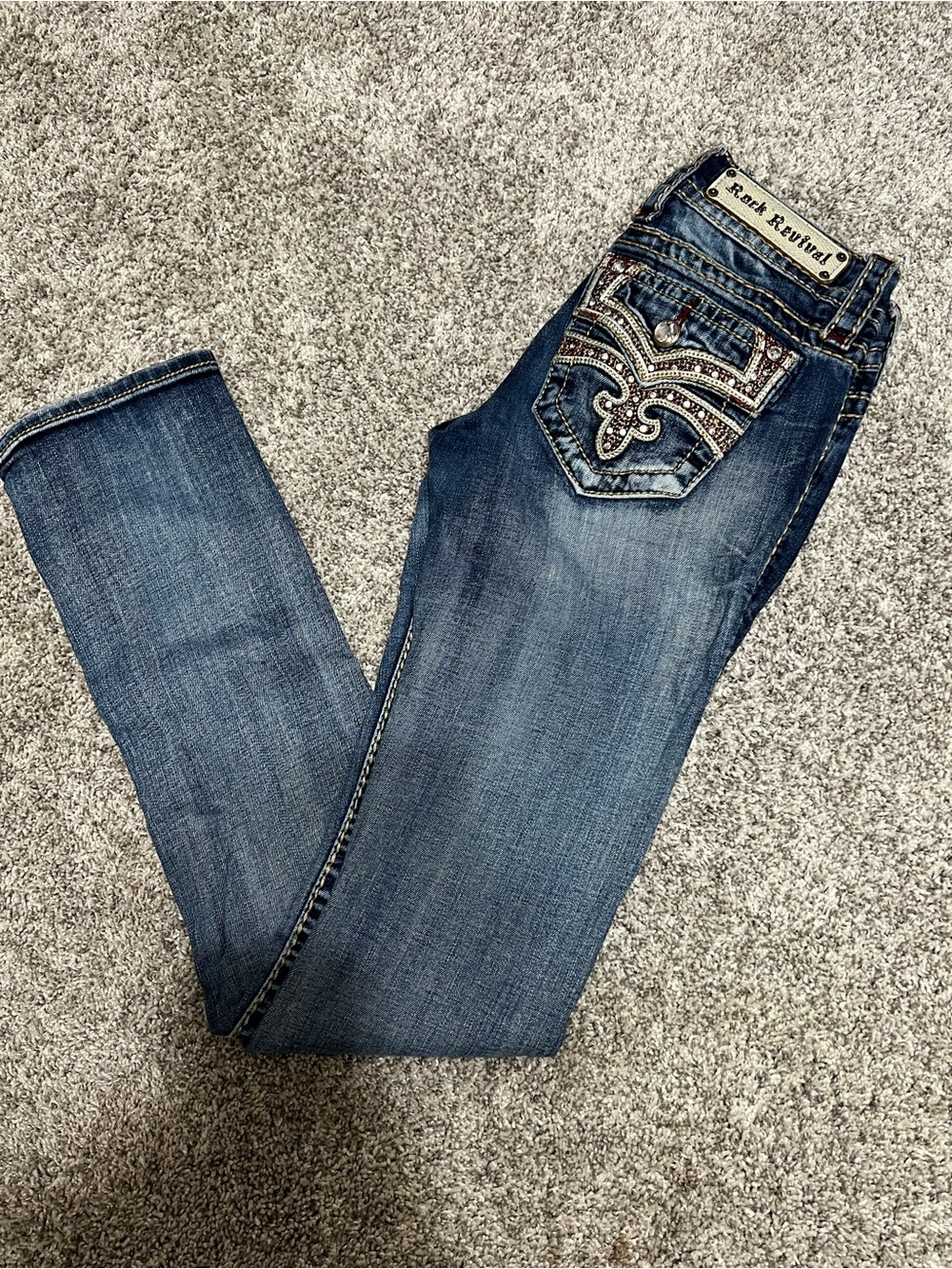 Rock Revival Women's Medium Blue Skinny Jeans with Embellished Back Pockets